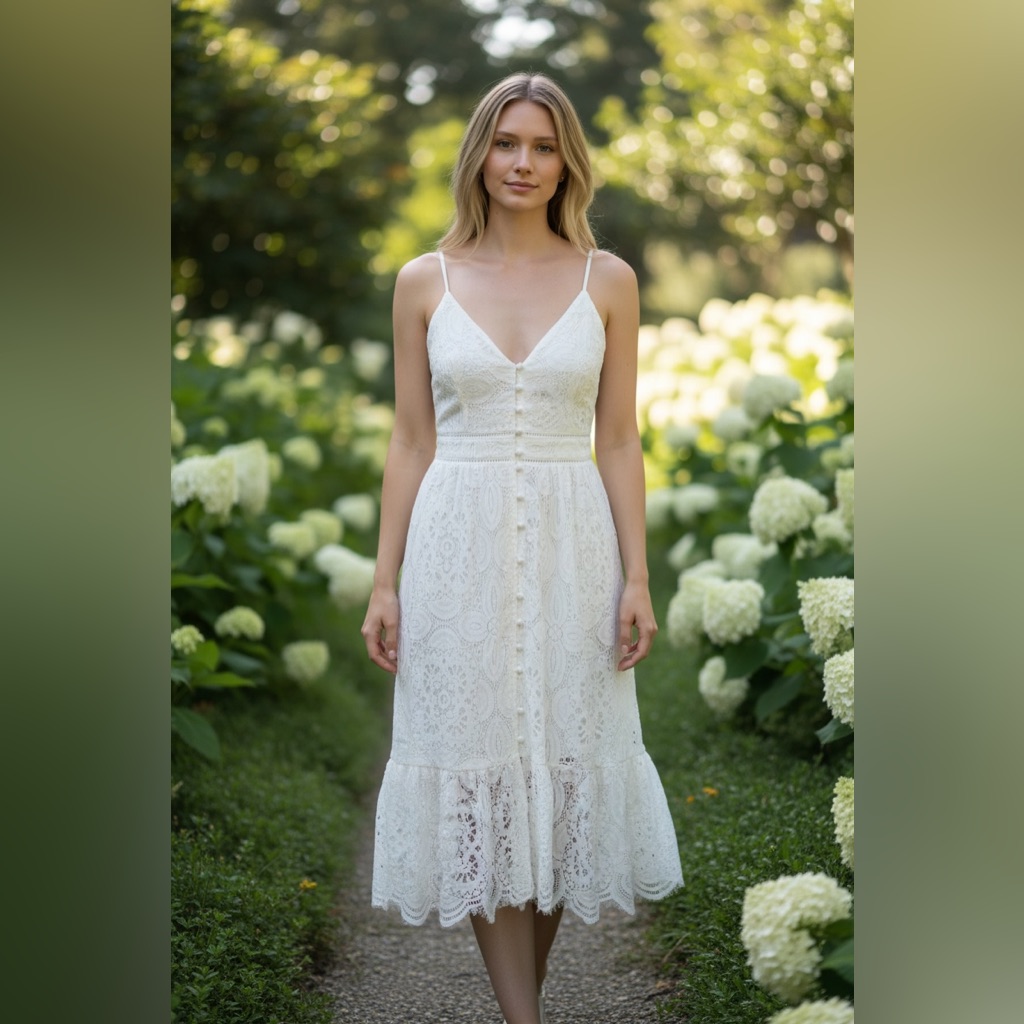Flying Tomato White Lace Button Front Midi Dress Size Small